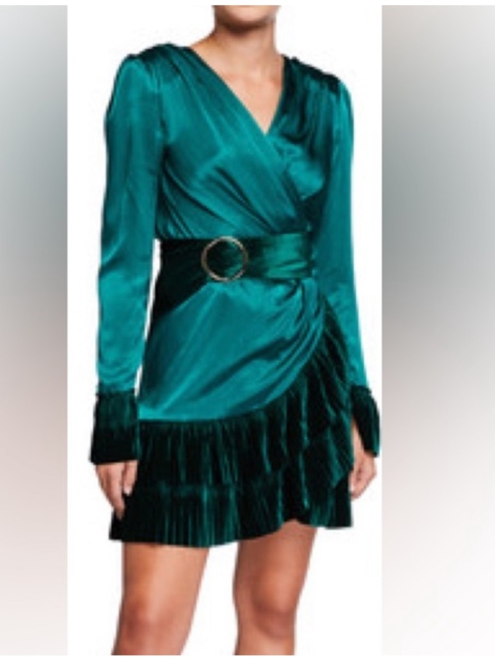 NWT Bronx and Banco Emerald Green Romi Mini Satin Ruffle Tiered Dress XS